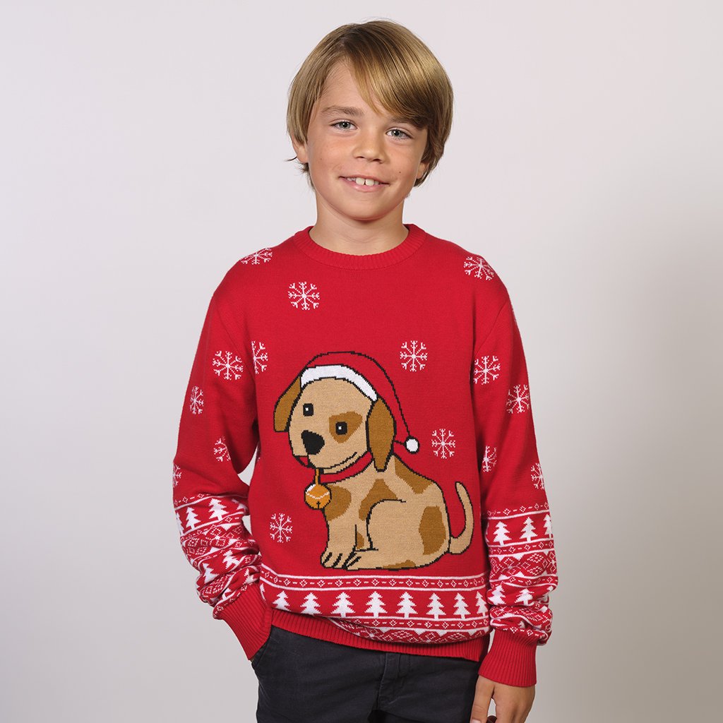 Un enfant portant un pull rouge de Noël avec un chien et des flocons de neige.